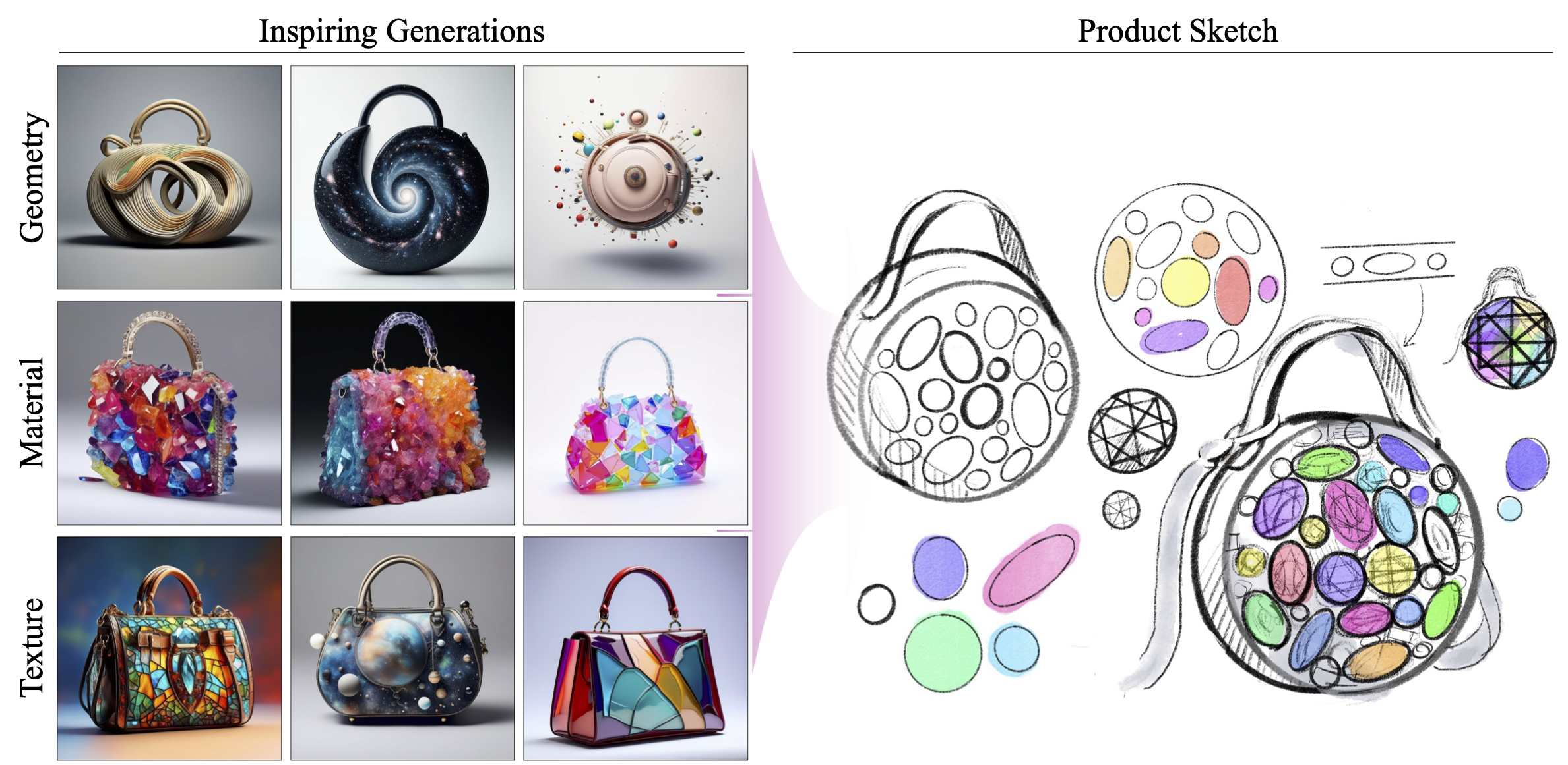 (Left) Creative images selected by CREward scores; (Right) Handbag design sketch by a human expert. 