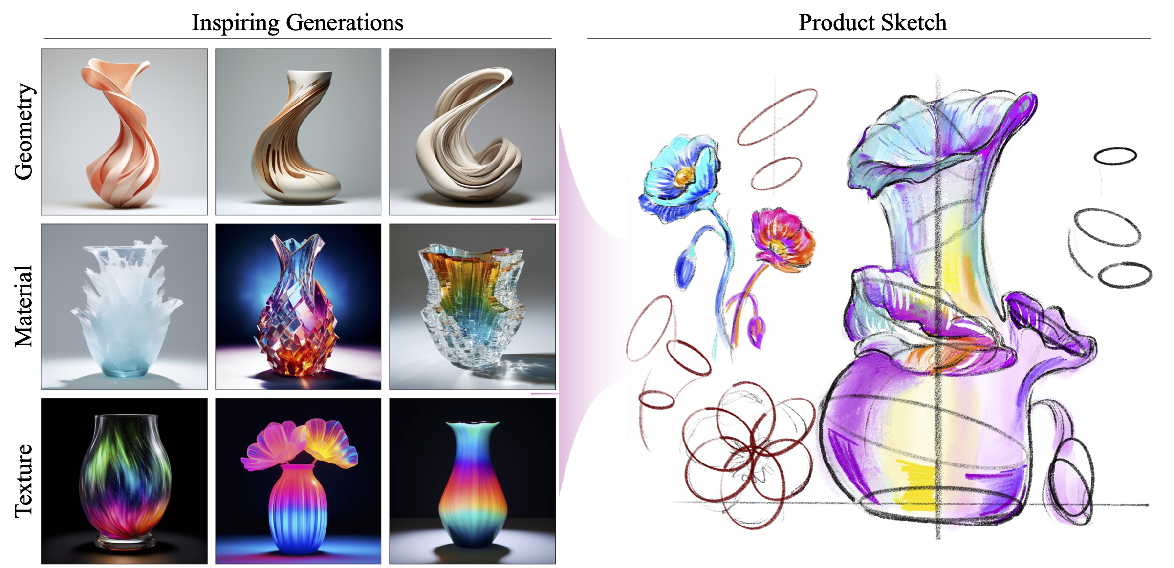 (Left) Creative images selected by CREward scores; (Right) Vase design sketch by a human expert.